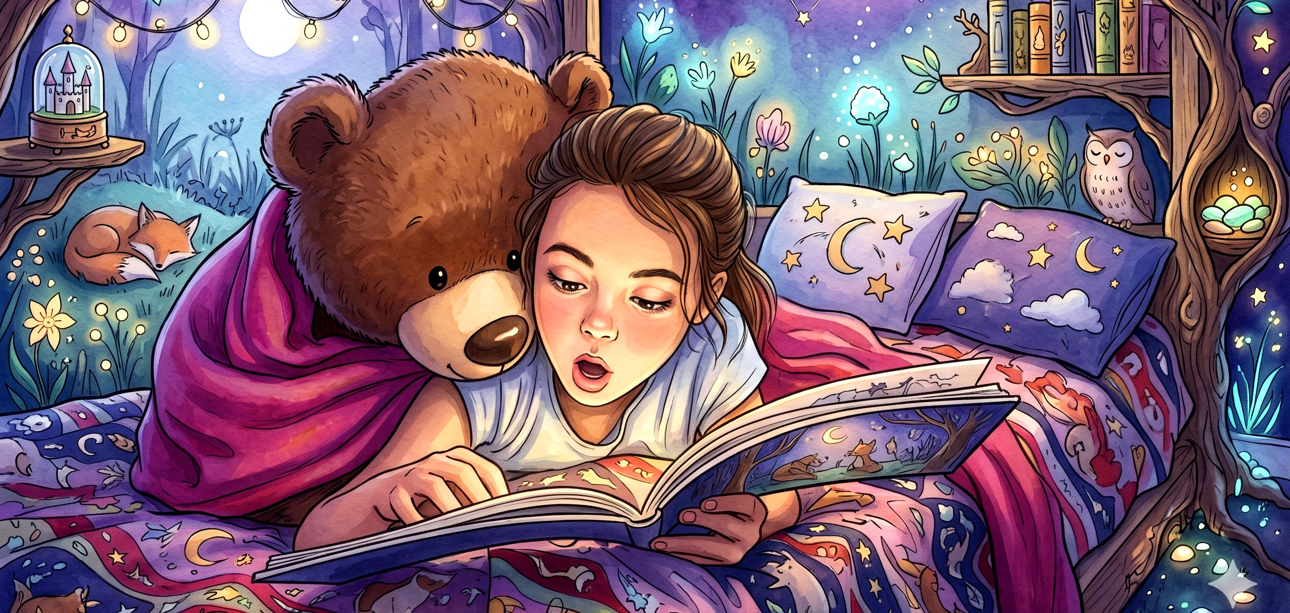 A magical nighttime bedroom — a child and teddy bear read a glowing storybook beneath fairy lights and a starry forest sky